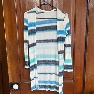 Striped Open-Front Women’s Sweater Cardigan in Blue and White